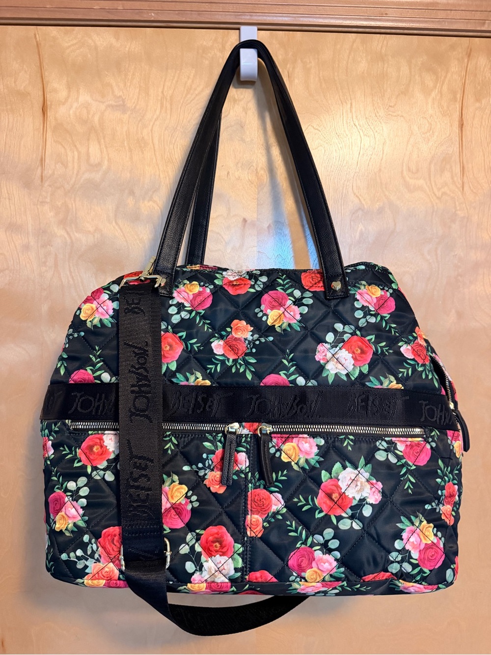 Betsey Johnson LARGE Black Quilted Floral Tote Bag - excellent